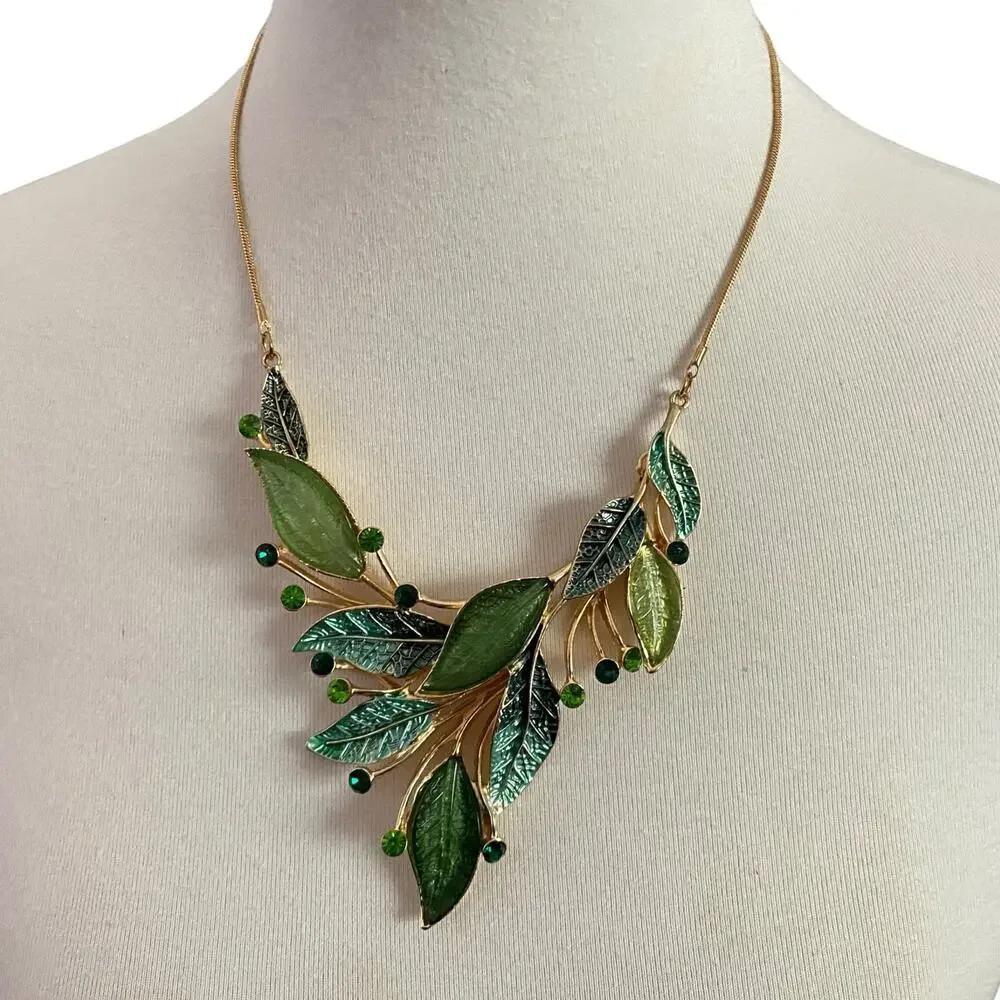 Enamel Leaf Bib Necklace & Earrings Set Green Rhinestone Gold Tone Cottagecore